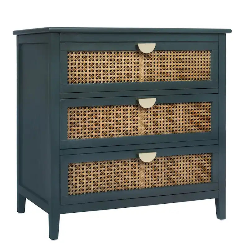 Commode 3 tiroirs verte/grise avec façade en rotin, style rustique, pour 1 personne