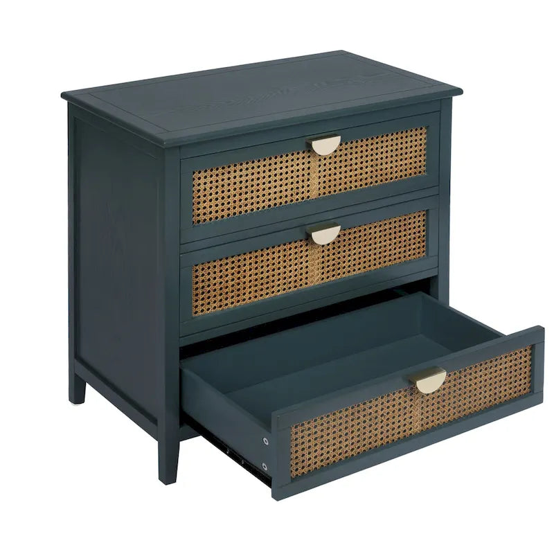 Commode 3 tiroirs verte/grise avec façade en rotin, style rustique, pour 1 personne