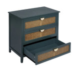 Commode 3 tiroirs verte/grise avec façade en rotin, style rustique, pour 1 personne
