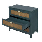 Commode 3 tiroirs verte/grise avec façade en rotin, style rustique, pour 1 personne