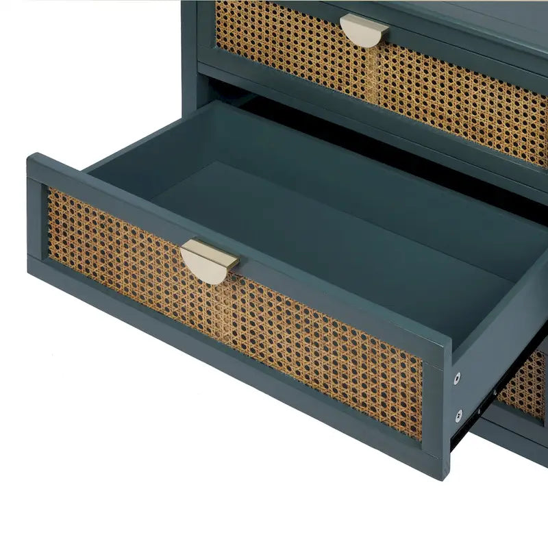 Commode 3 tiroirs verte/grise avec façade en rotin, style rustique, pour 1 personne
