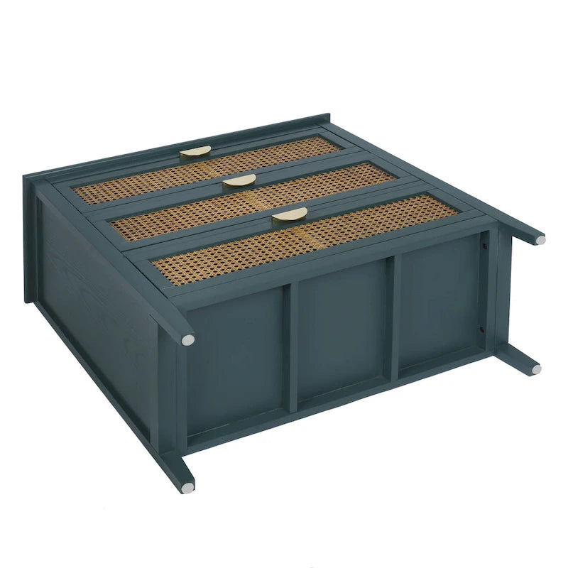 Commode 3 tiroirs verte/grise avec façade en rotin, style rustique, pour 1 personne