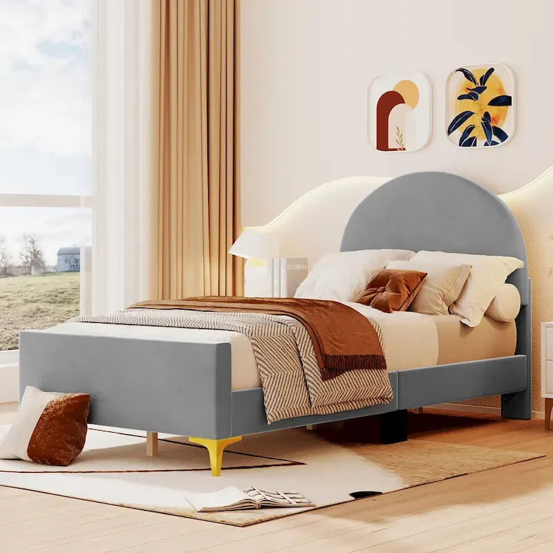 Twin Velvet Platform Bed with Semi-Circle Headboard