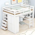 Lit mezzanine blanc/gris avec armoire, bureau et rangements – Lit simple, bois de pin + MDF