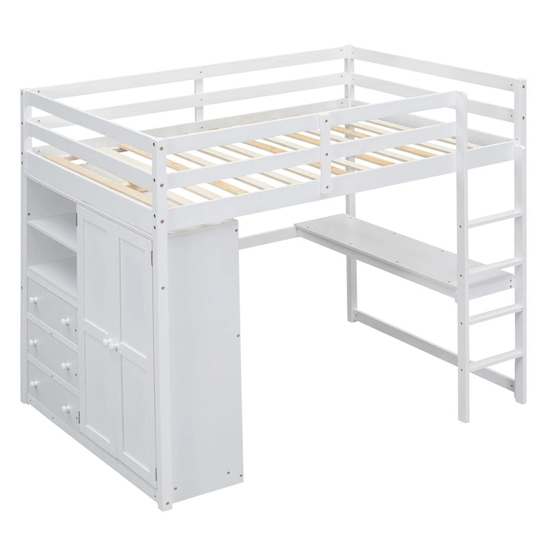 Lit mezzanine blanc/gris avec armoire, bureau et rangements – Lit simple, bois de pin + MDF