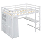 Lit mezzanine blanc/gris avec armoire, bureau et rangements – Lit simple, bois de pin + MDF