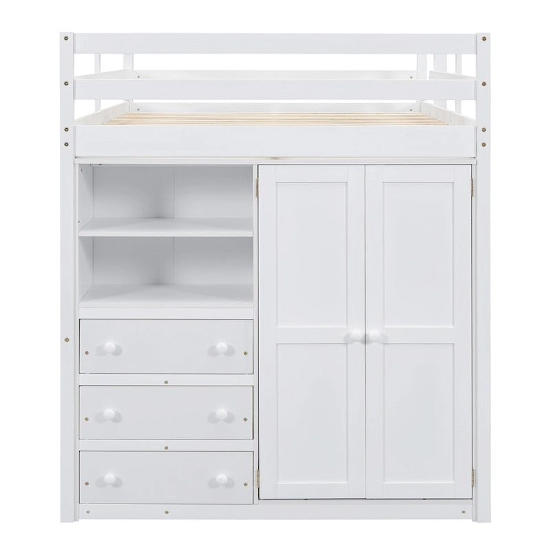 Lit mezzanine blanc/gris avec armoire, bureau et rangements – Lit simple, bois de pin + MDF
