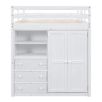 Lit mezzanine blanc/gris avec armoire, bureau et rangements – Lit simple, bois de pin + MDF