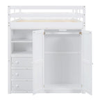 Lit mezzanine blanc/gris avec armoire, bureau et rangements – Lit simple, bois de pin + MDF