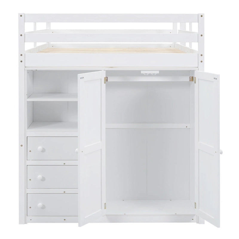 Lit mezzanine blanc/gris avec armoire, bureau et rangements – Lit simple, bois de pin + MDF