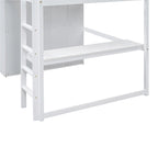 Lit mezzanine blanc/gris avec armoire, bureau et rangements – Lit simple, bois de pin + MDF