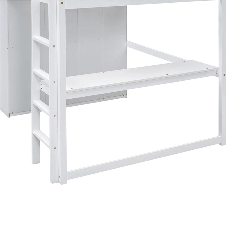 Lit mezzanine blanc/gris avec armoire, bureau et rangements – Lit simple, bois de pin + MDF
