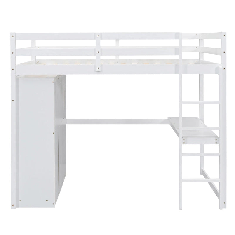 Lit mezzanine blanc/gris avec armoire, bureau et rangements – Lit simple, bois de pin + MDF