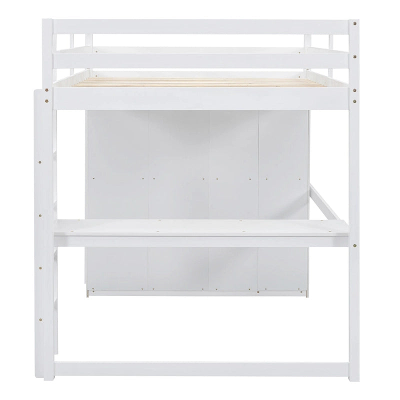 Lit mezzanine blanc/gris avec armoire, bureau et rangements – Lit simple, bois de pin + MDF