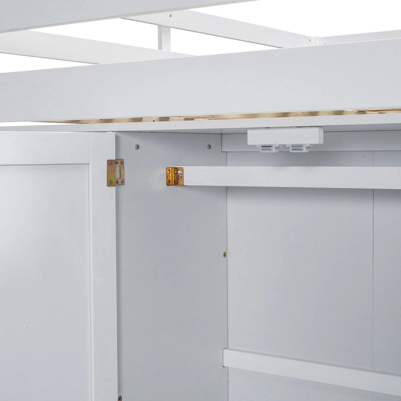Lit mezzanine blanc/gris avec armoire, bureau et rangements – Lit simple, bois de pin + MDF