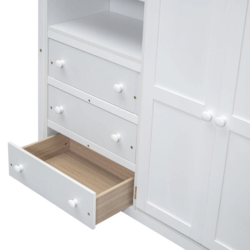 Lit mezzanine blanc/gris avec armoire, bureau et rangements – Lit simple, bois de pin + MDF