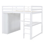 Lit mezzanine blanc/gris avec armoire, bureau et rangements – Lit simple, bois de pin + MDF