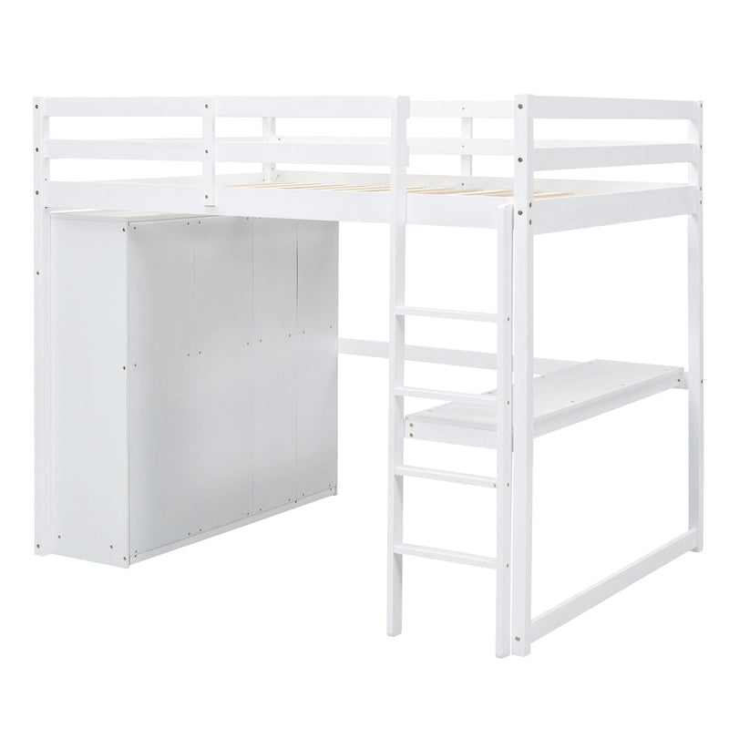 Lit mezzanine blanc/gris avec armoire, bureau et rangements – Lit simple, bois de pin + MDF