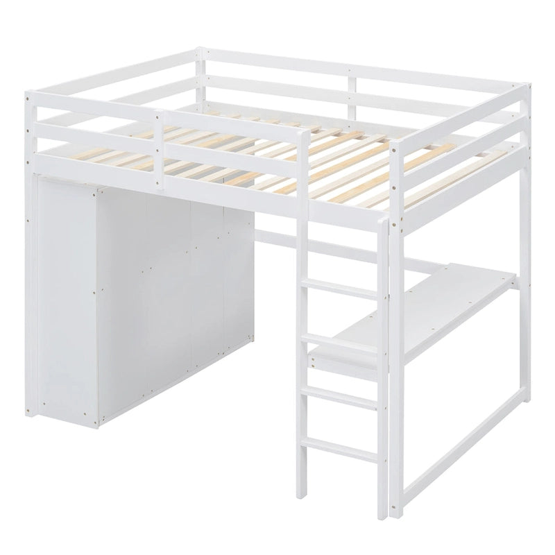 Lit mezzanine blanc/gris avec armoire, bureau et rangements – Lit simple, bois de pin + MDF