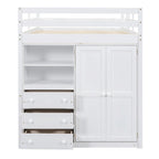 Lit mezzanine blanc/gris avec armoire, bureau et rangements – Lit simple, bois de pin + MDF