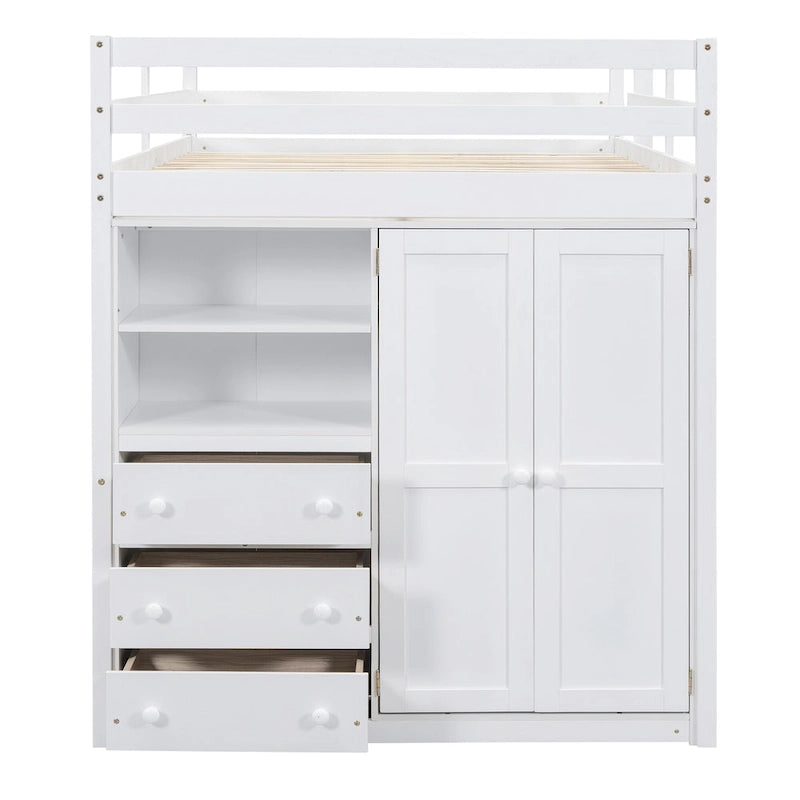 Lit mezzanine blanc/gris avec armoire, bureau et rangements – Lit simple, bois de pin + MDF