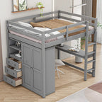 Lit mezzanine blanc/gris avec armoire, bureau et rangements – Lit simple, bois de pin + MDF