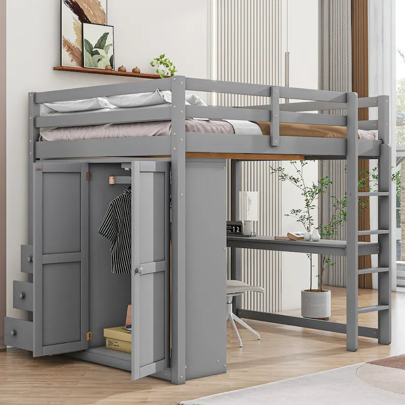 Lit mezzanine blanc/gris avec armoire, bureau et rangements – Lit simple, bois de pin + MDF
