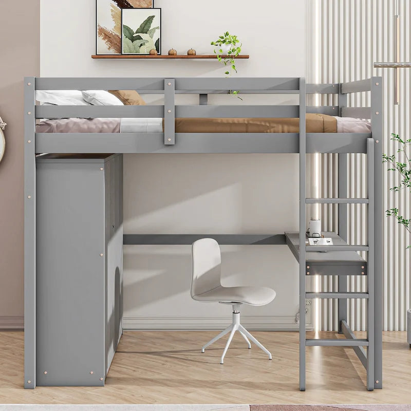 Lit mezzanine blanc/gris avec armoire, bureau et rangements – Lit simple, bois de pin + MDF