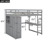 Lit mezzanine blanc/gris avec armoire, bureau et rangements – Lit simple, bois de pin + MDF