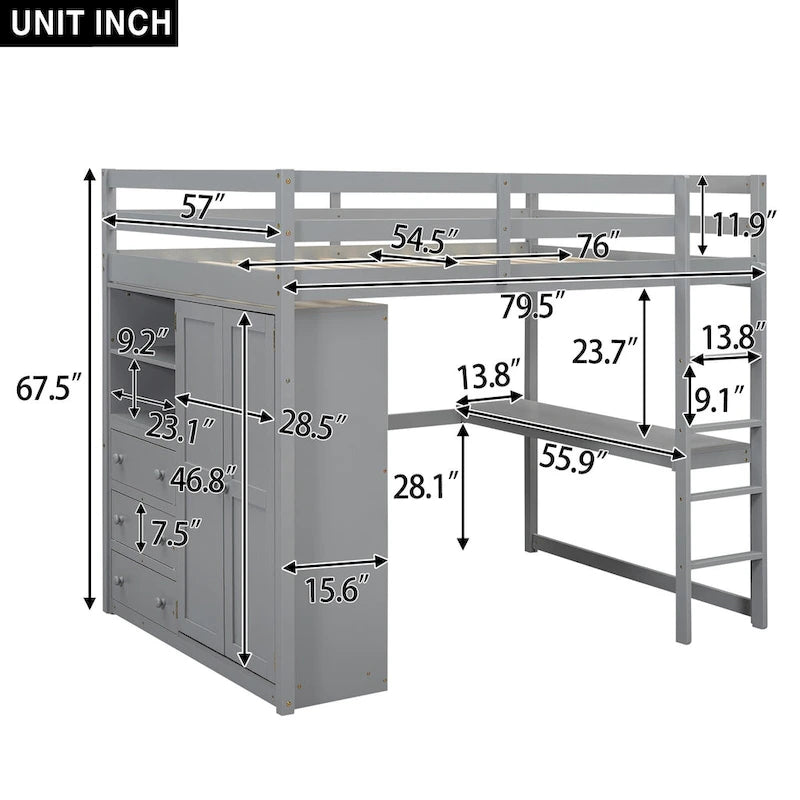 Lit mezzanine blanc/gris avec armoire, bureau et rangements – Lit simple, bois de pin + MDF