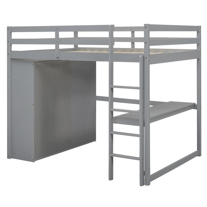 Lit mezzanine blanc/gris avec armoire, bureau et rangements – Lit simple, bois de pin + MDF