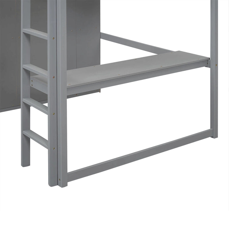Lit mezzanine blanc/gris avec armoire, bureau et rangements – Lit simple, bois de pin + MDF