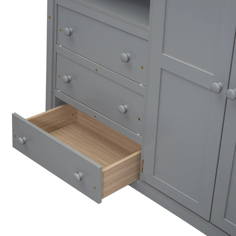 Lit mezzanine blanc/gris avec armoire, bureau et rangements – Lit simple, bois de pin + MDF