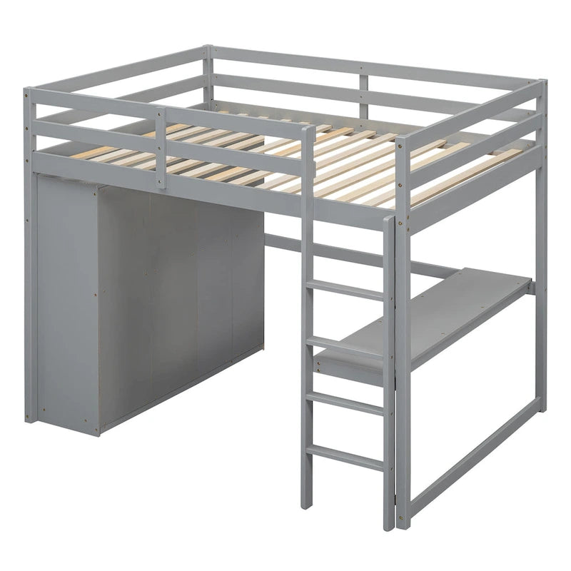 Lit mezzanine blanc/gris avec armoire, bureau et rangements – Lit simple, bois de pin + MDF
