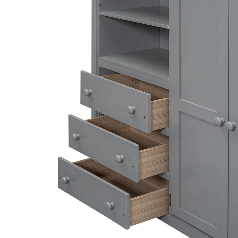 Lit mezzanine blanc/gris avec armoire, bureau et rangements – Lit simple, bois de pin + MDF