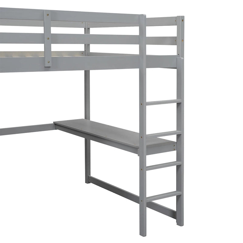 Lit mezzanine blanc/gris avec armoire, bureau et rangements – Lit simple, bois de pin + MDF