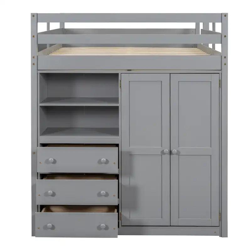 Lit mezzanine blanc/gris avec armoire, bureau et rangements – Lit simple, bois de pin + MDF