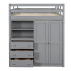 Lit mezzanine blanc/gris avec armoire, bureau et rangements – Lit simple, bois de pin + MDF