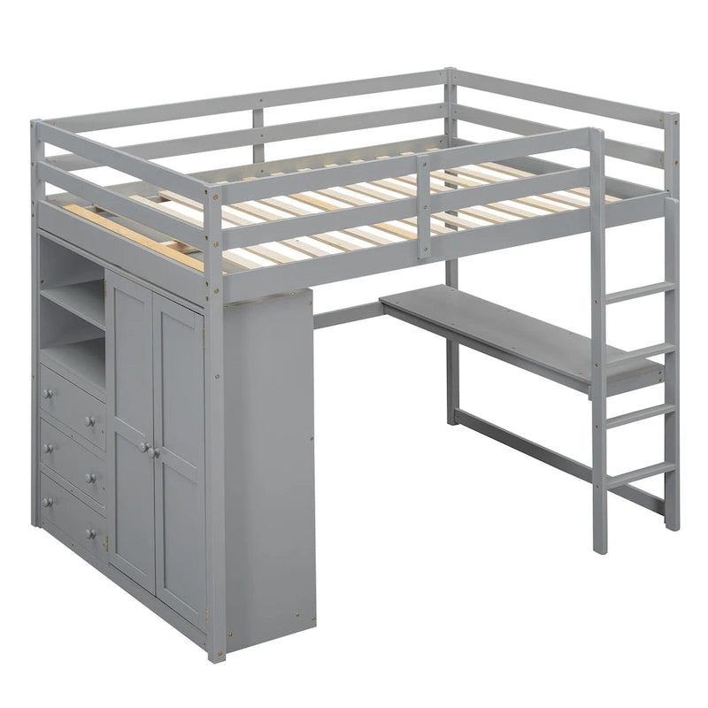 Lit mezzanine blanc/gris avec armoire, bureau et rangements – Lit simple, bois de pin + MDF