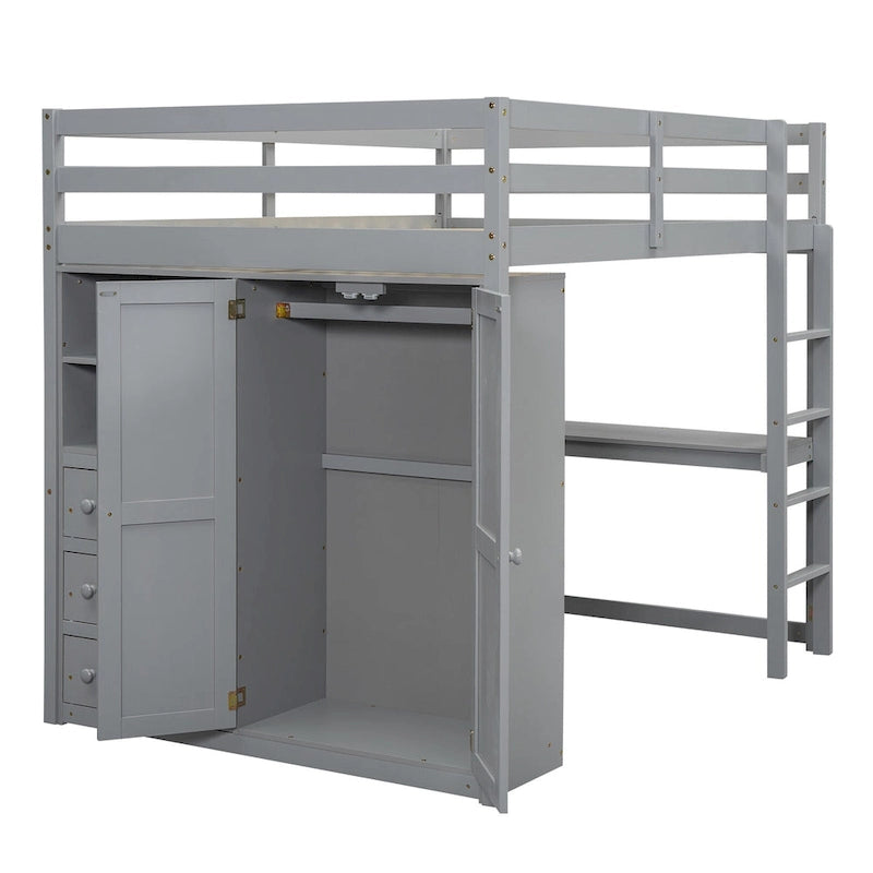 Lit mezzanine blanc/gris avec armoire, bureau et rangements – Lit simple, bois de pin + MDF