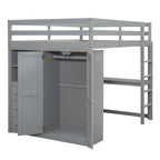 Lit mezzanine blanc/gris avec armoire, bureau et rangements – Lit simple, bois de pin + MDF
