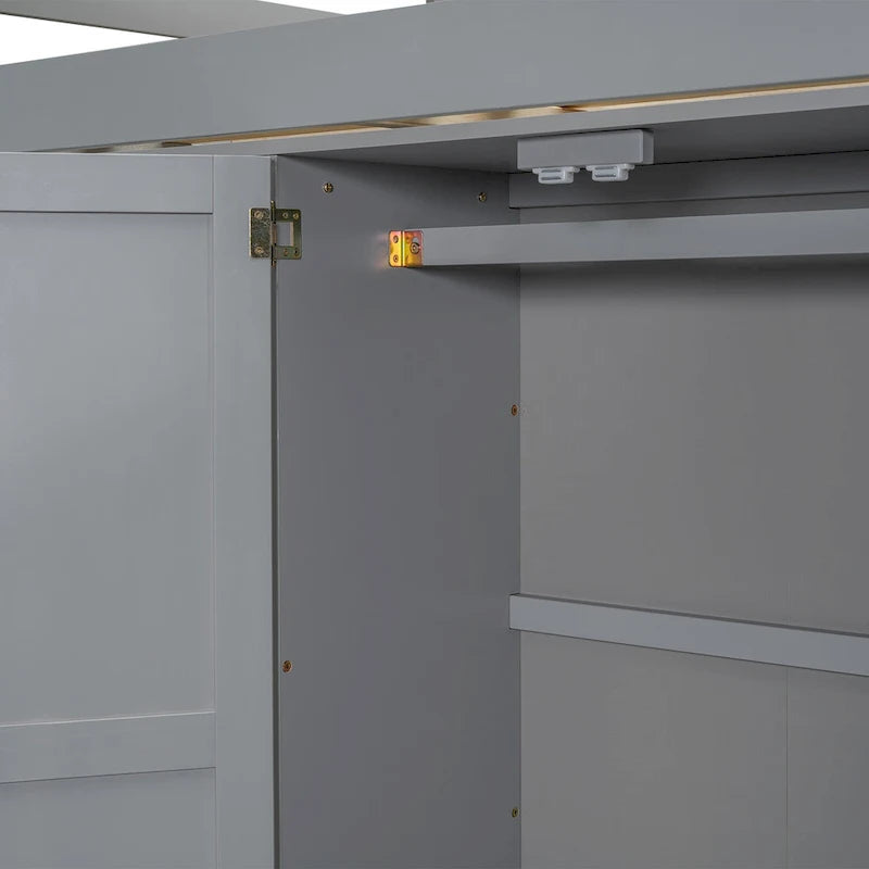 Lit mezzanine blanc/gris avec armoire, bureau et rangements – Lit simple, bois de pin + MDF