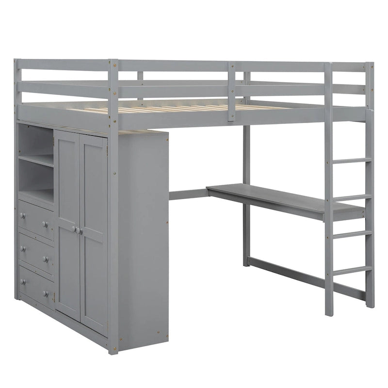 Lit mezzanine blanc/gris avec armoire, bureau et rangements – Lit simple, bois de pin + MDF
