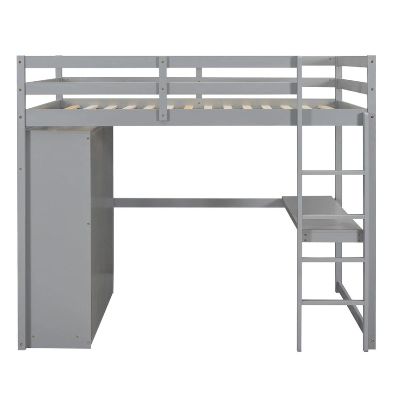 Lit mezzanine blanc/gris avec armoire, bureau et rangements – Lit simple, bois de pin + MDF