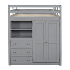 Lit mezzanine blanc/gris avec armoire, bureau et rangements – Lit simple, bois de pin + MDF