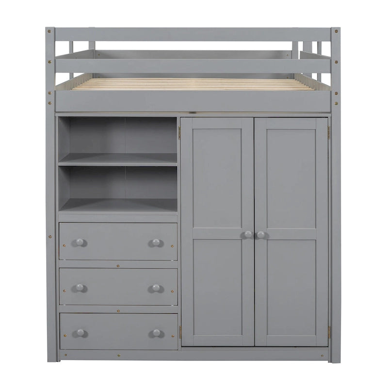 Lit mezzanine blanc/gris avec armoire, bureau et rangements – Lit simple, bois de pin + MDF