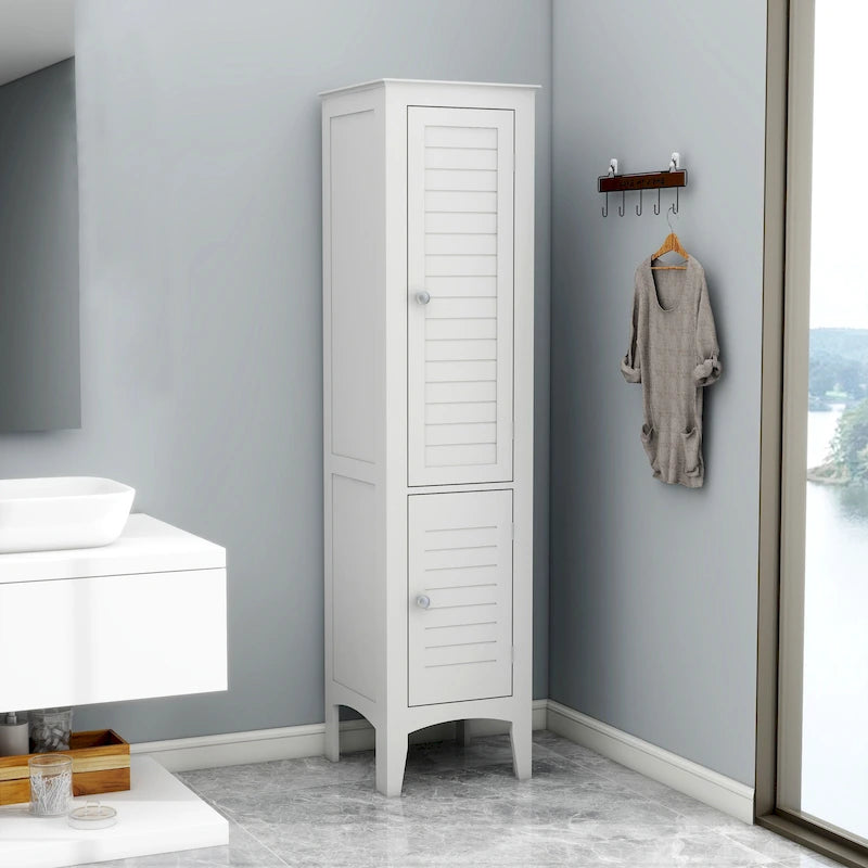 Meuble de rangement blanc à 5 niveaux autoportant avec 2 portes persiennes