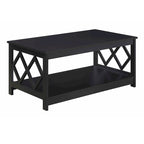 Table basse à deux niveaux avec découpes en losange, coloris noir/blanc/gris et étagère inférieure