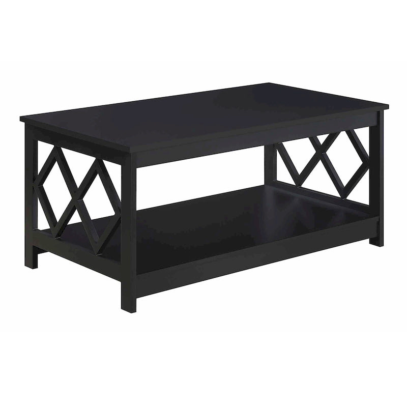 Table basse à deux niveaux avec découpes en losange, coloris noir/blanc/gris et étagère inférieure
