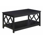 Table basse à deux niveaux avec découpes en losange, coloris noir/blanc/gris et étagère inférieure